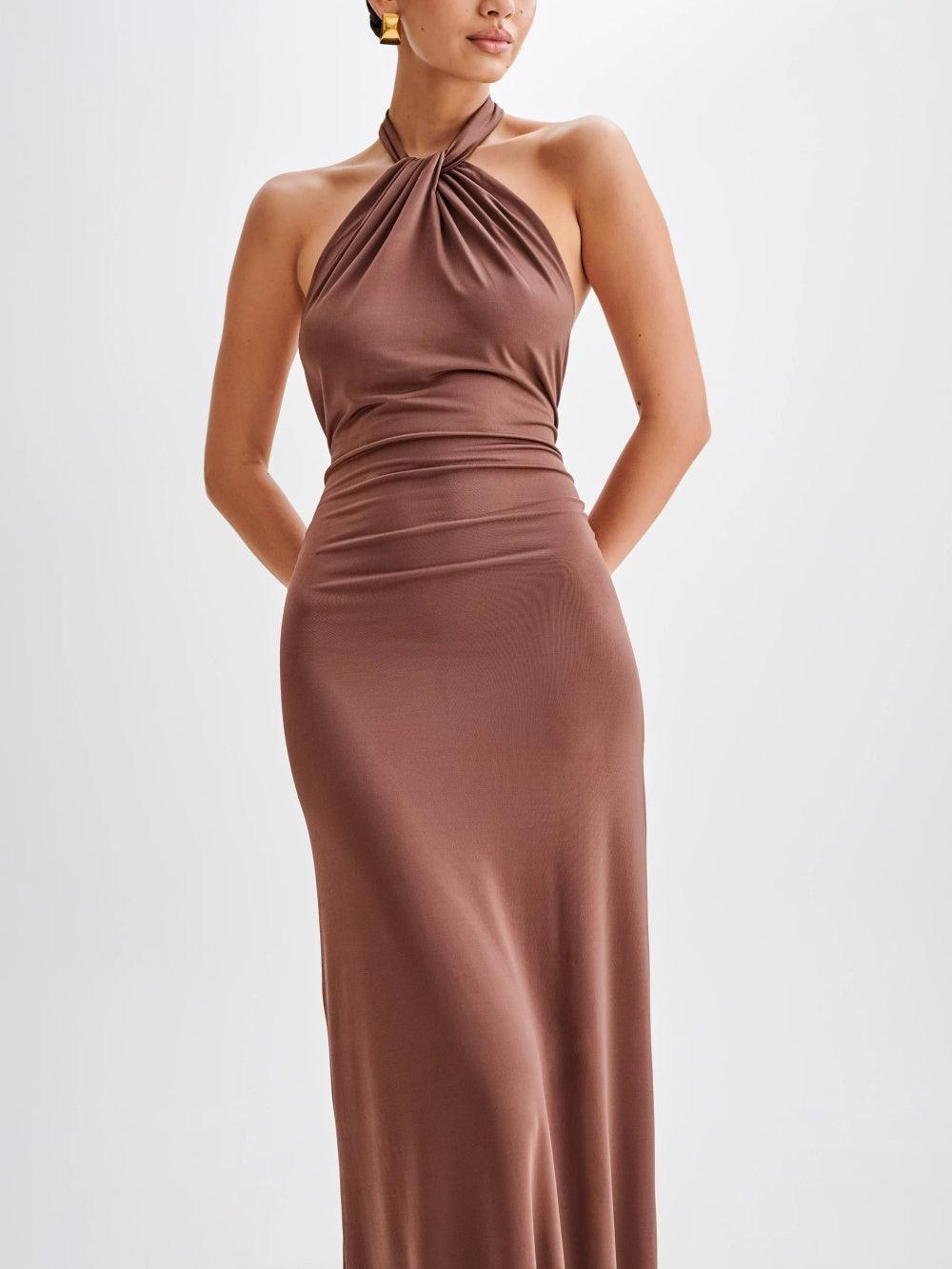 Elegant Slinky Halter Maxi Dress in Chic Brown