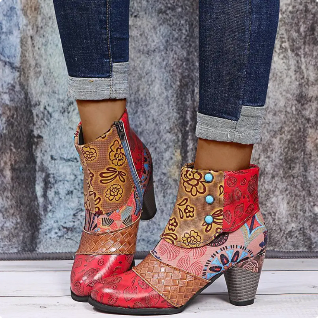 Mia – Colorful Patchwork Ankle Boots with Bold Block Heels
