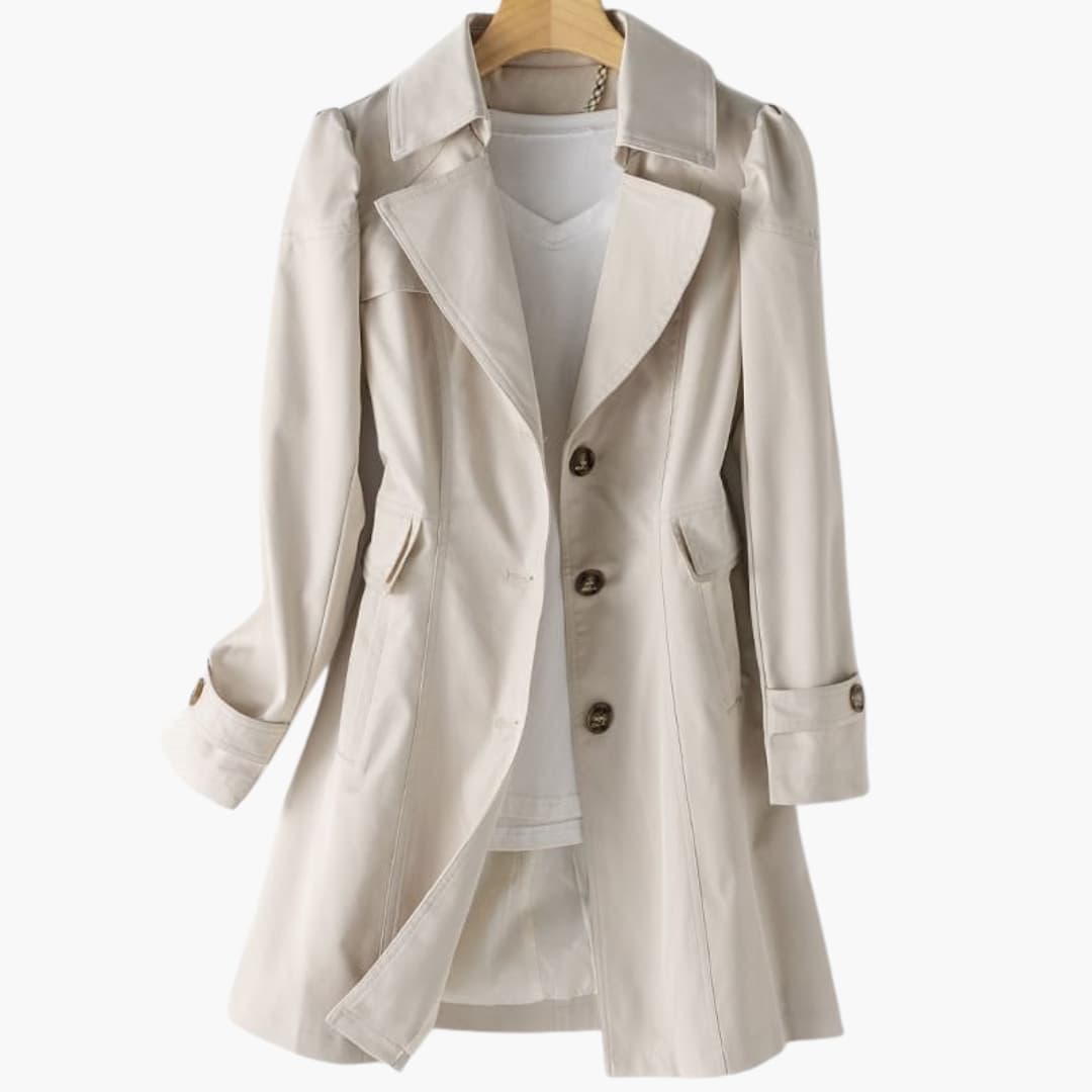Elegant women's trench coat with a double-button closure and an adjustable waist