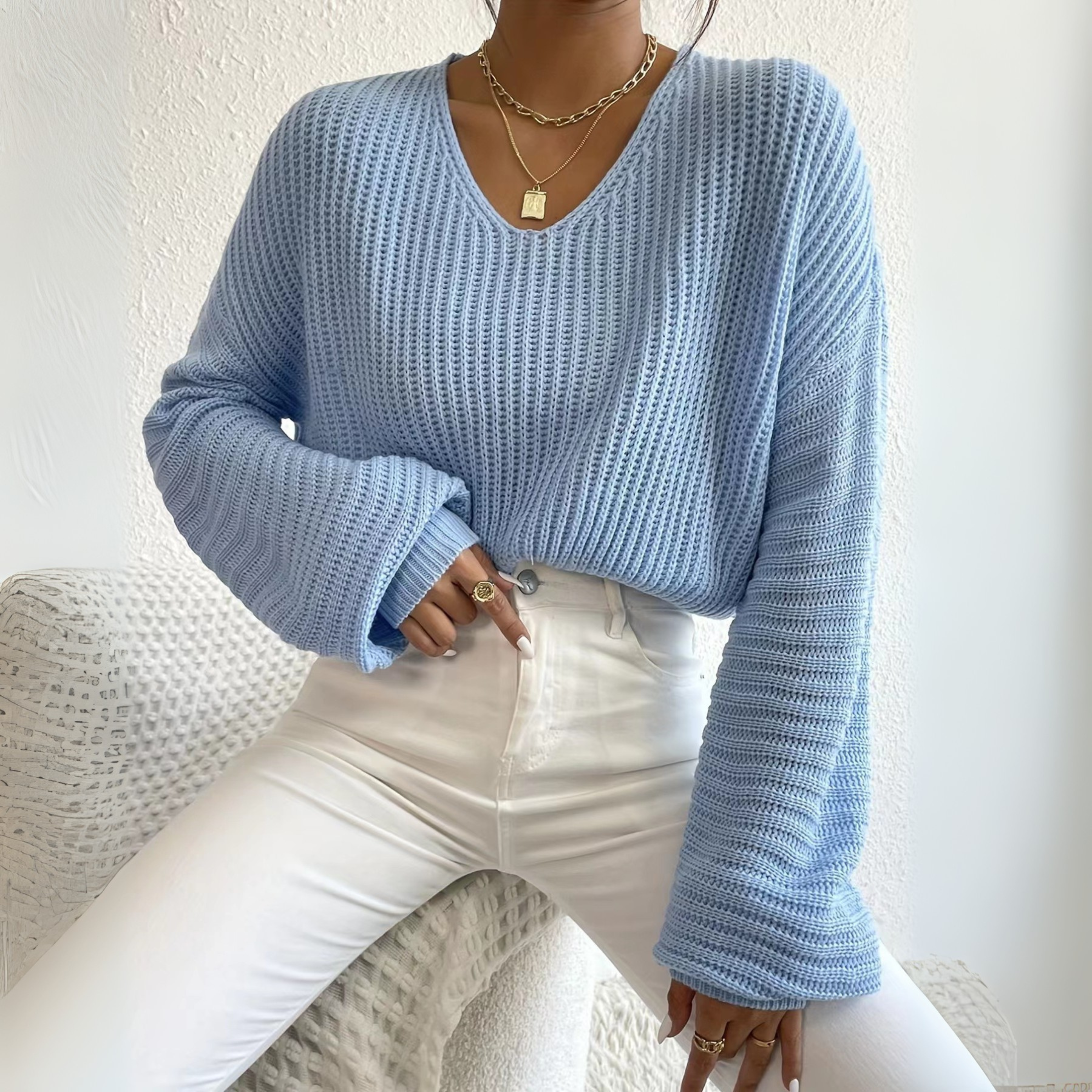 Cozy Knit V-Neck Long-Sleeve Sweater