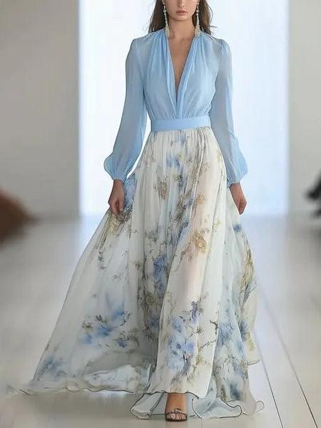 Elegant long floral dress with a V-neckline for a sophisticated style