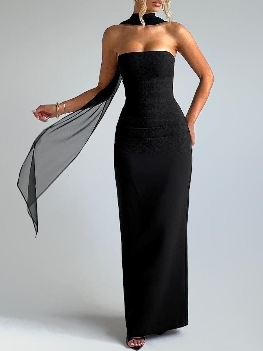 Long Black Dress with Belted Waist for Elegant and Feminine Look