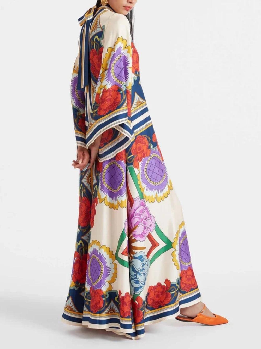 Elegant Floral Print Maxi Dress with Draped Waterfall Sleeves