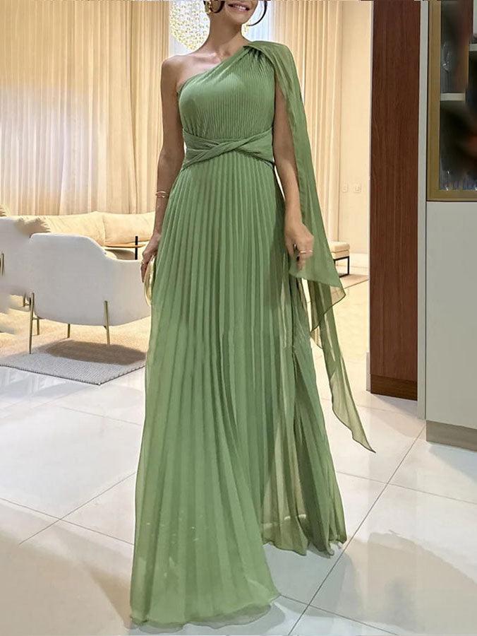 Elegant Maxi Dress with Flowy Pleats and Off-Shoulder Neckline