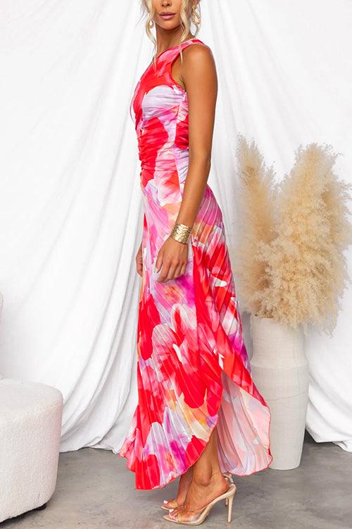 Asymmetrical sleeveless printed and pleated long dress for a unique style