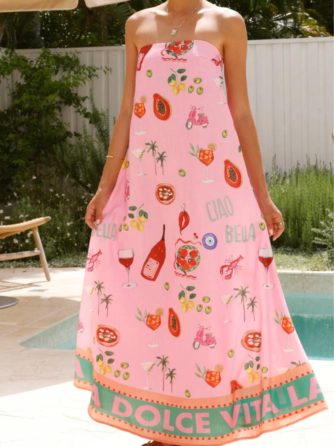 Elegant Strapless Bandeau Maxi Dress with Vibrant Resort Print