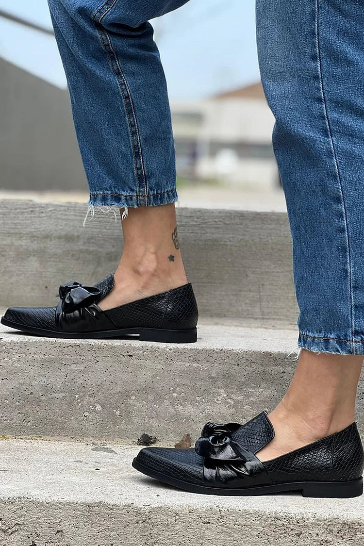 Black Loafers with a Shiny Bow - Sleek & Elegant