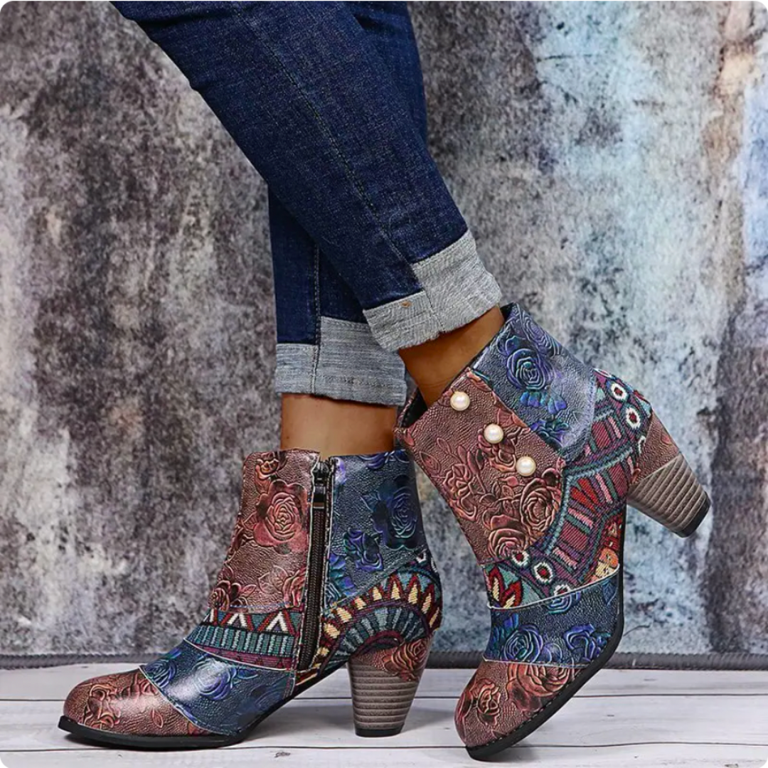 Mia – Colorful Patchwork Ankle Boots with Bold Block Heels