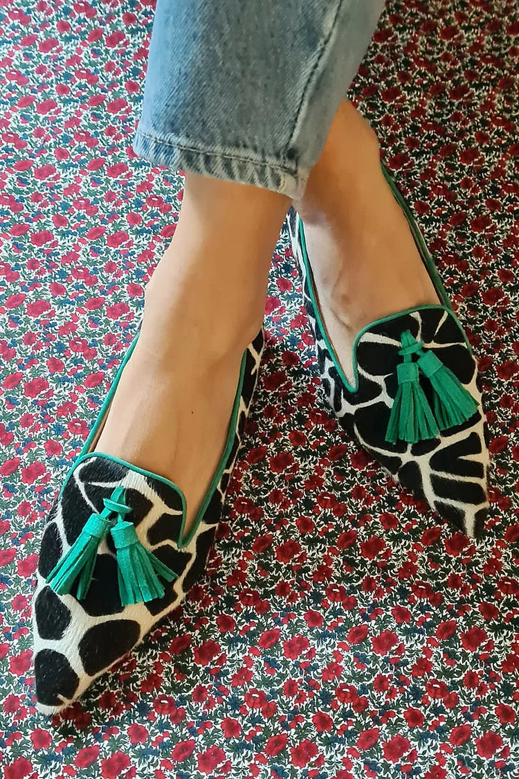 Pointed-Toe Loafer in Giraffe Print with Green Fringe