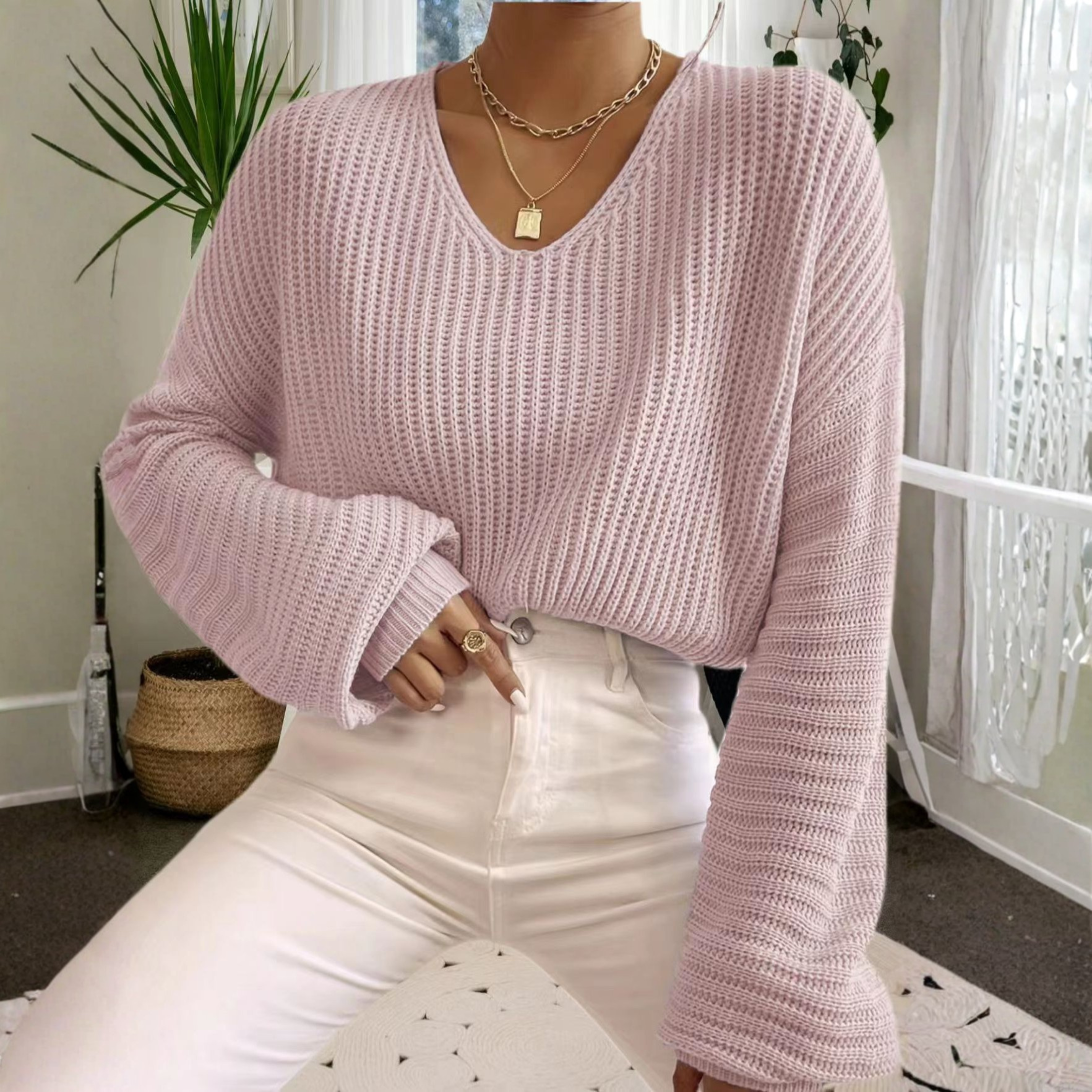 Cozy Knit V-Neck Long-Sleeve Sweater