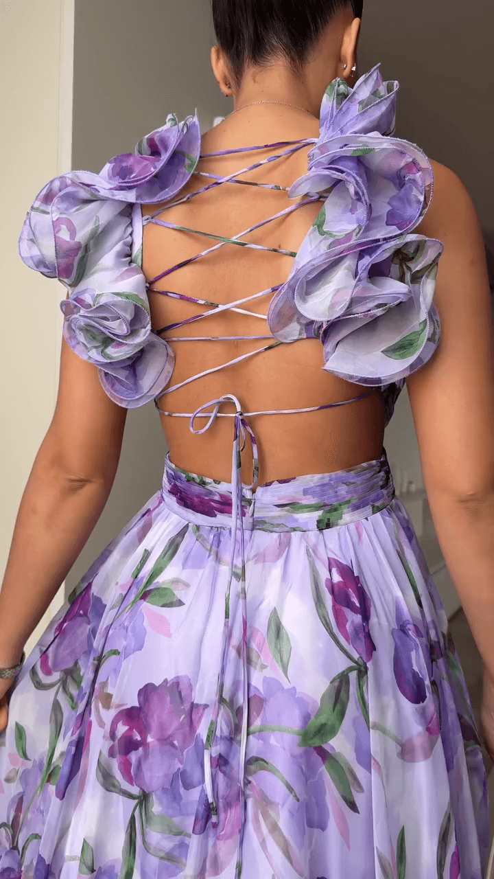 Long patterned ankle-length dress with no back for a casually elegant style