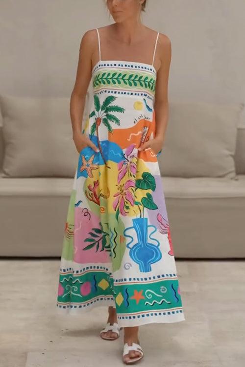 Sleeveless High-Waist Tropical Print Maxi Dress – Perfect for Holiday Getaways