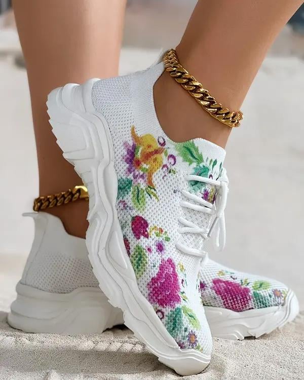 Comfortable and Breathable Floral Pattern Lace-Up Sneakers for Women