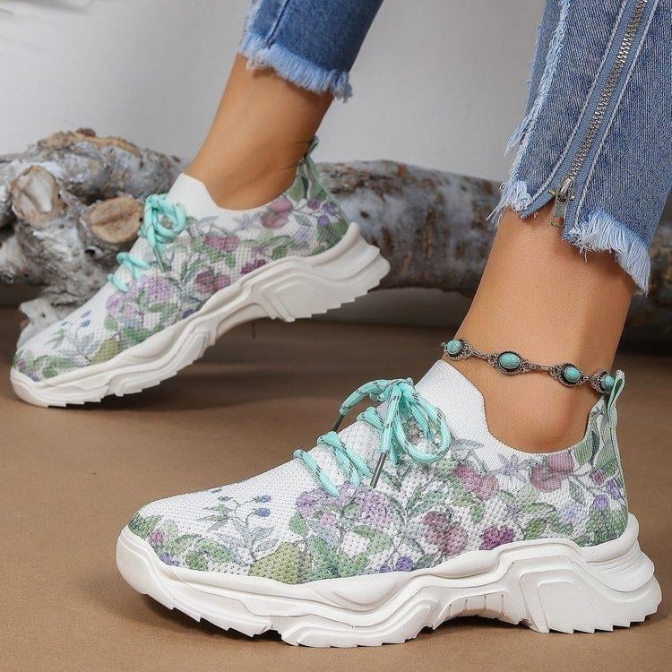 Comfortable and Breathable Floral Pattern Lace-Up Sneakers for Women