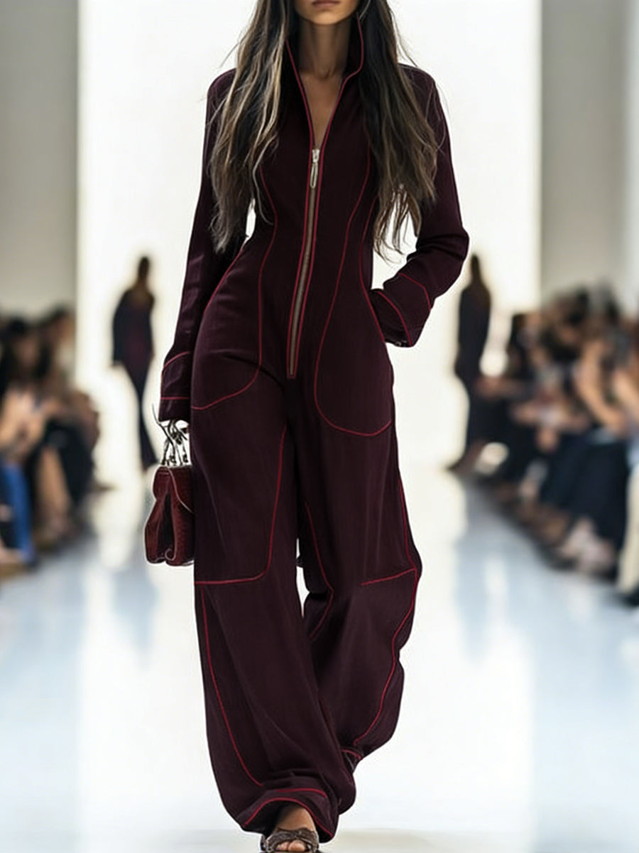 Structured Wide-Leg Jumpsuit with Stand Collar & Zip Detail