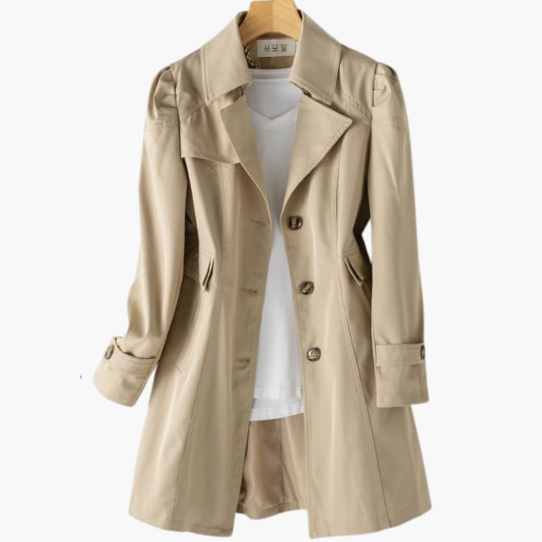 Elegant women's trench coat with a double-button closure and an adjustable waist