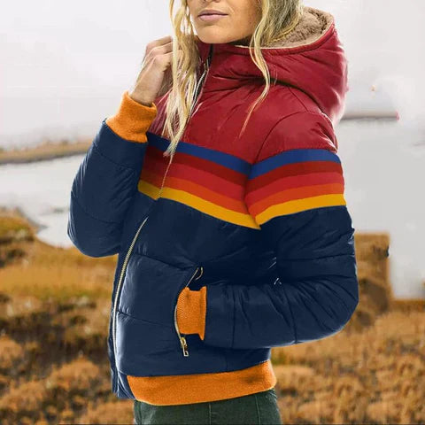 Retro Women's Winter Jacket with Color Blocking and Vintage Style - Warm and Stylish Comfort