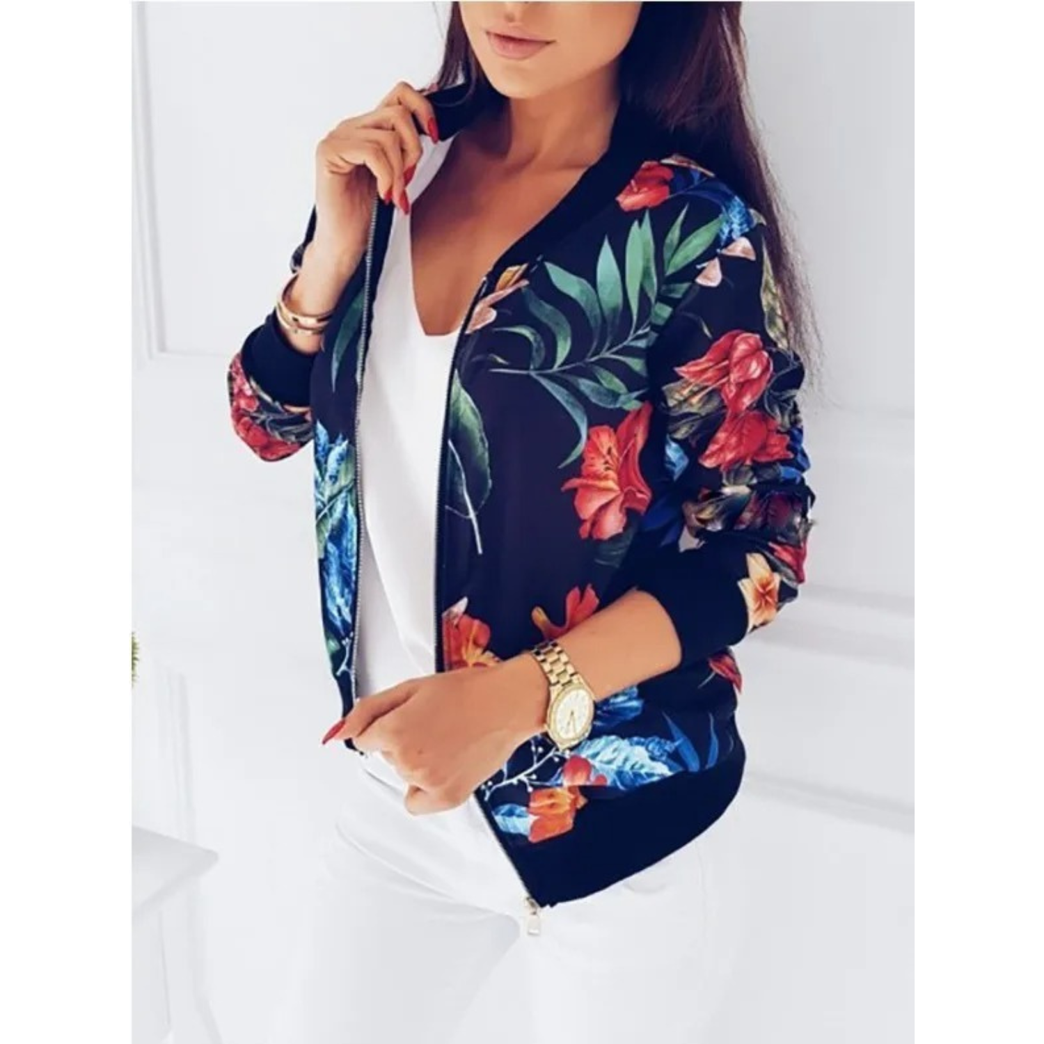 Bella - Floral Print Bomber Jacket for a Fresh and Trendy Style