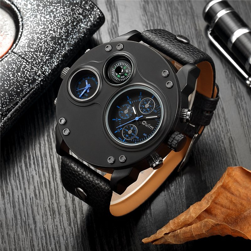 Black leather chronograph watch with dual time zones