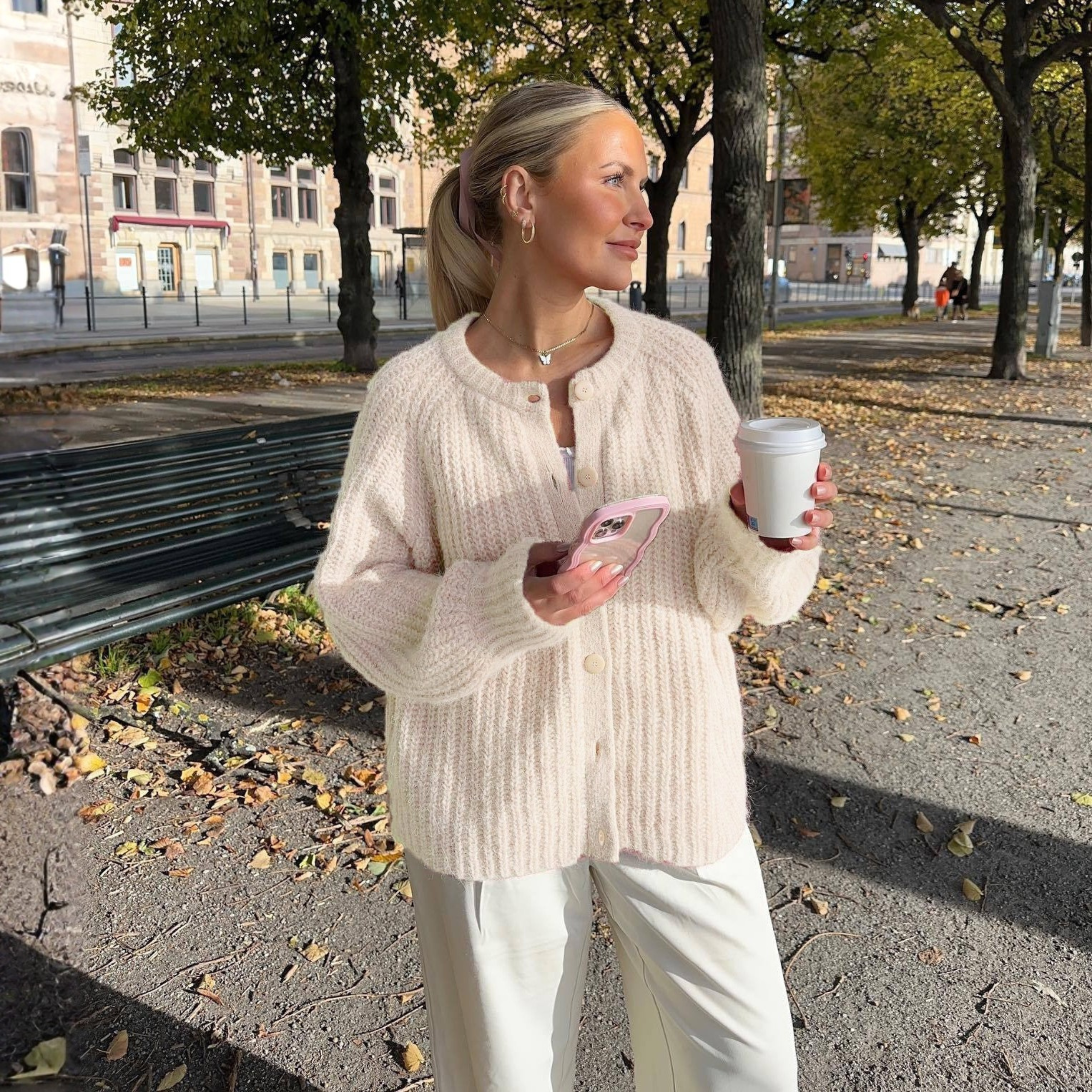 Cozy Plain Button-Down Long-Sleeve Cardigan with Round Neck