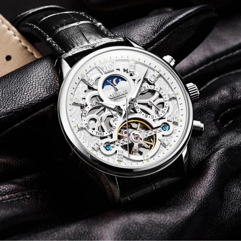 Elegant Automatic Mechanical Watch with Leather Strap