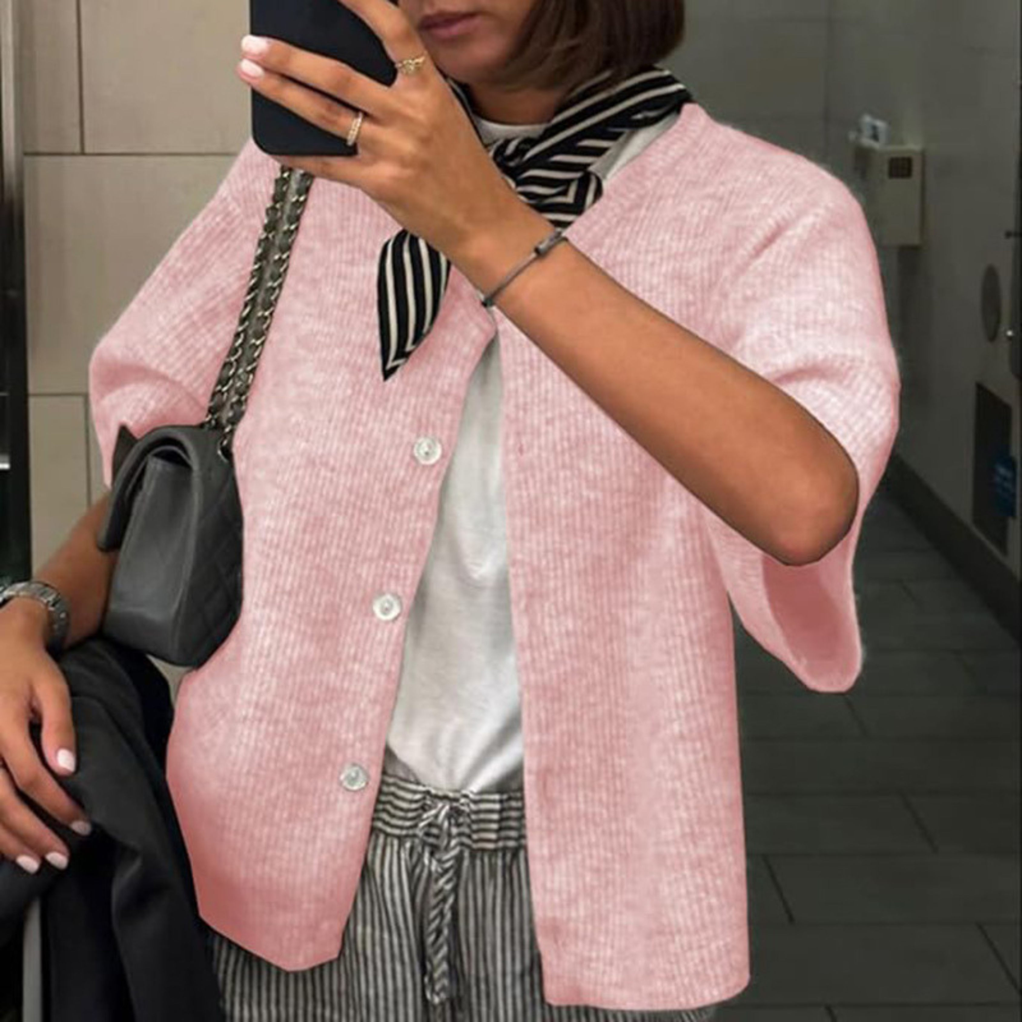 Lightweight Short-Sleeve Cardigan with Button-Down Front