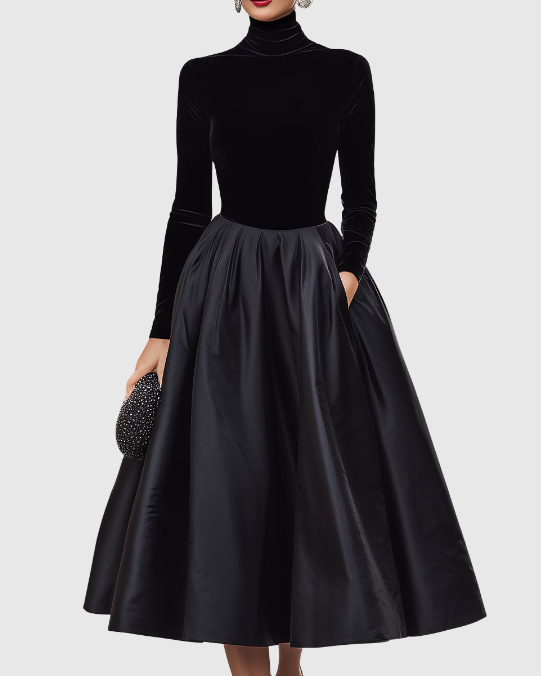 Aradia | Sophisticated Black Velvet & Satin Midi Dress