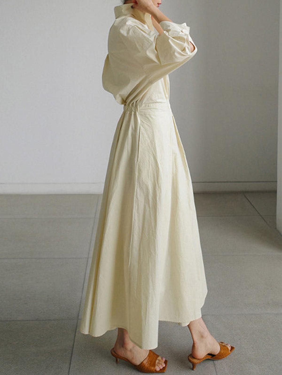 Elegant Solid Midi Dress with Notched Collar and Pockets Buttons