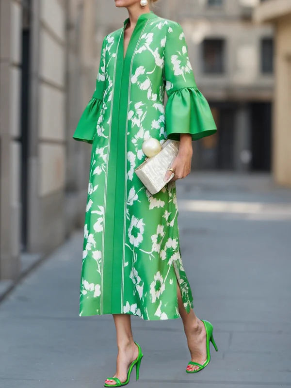 Maxi Bell Sleeve and Flared Dress with Floral Print Casual Caftan with Side Slit