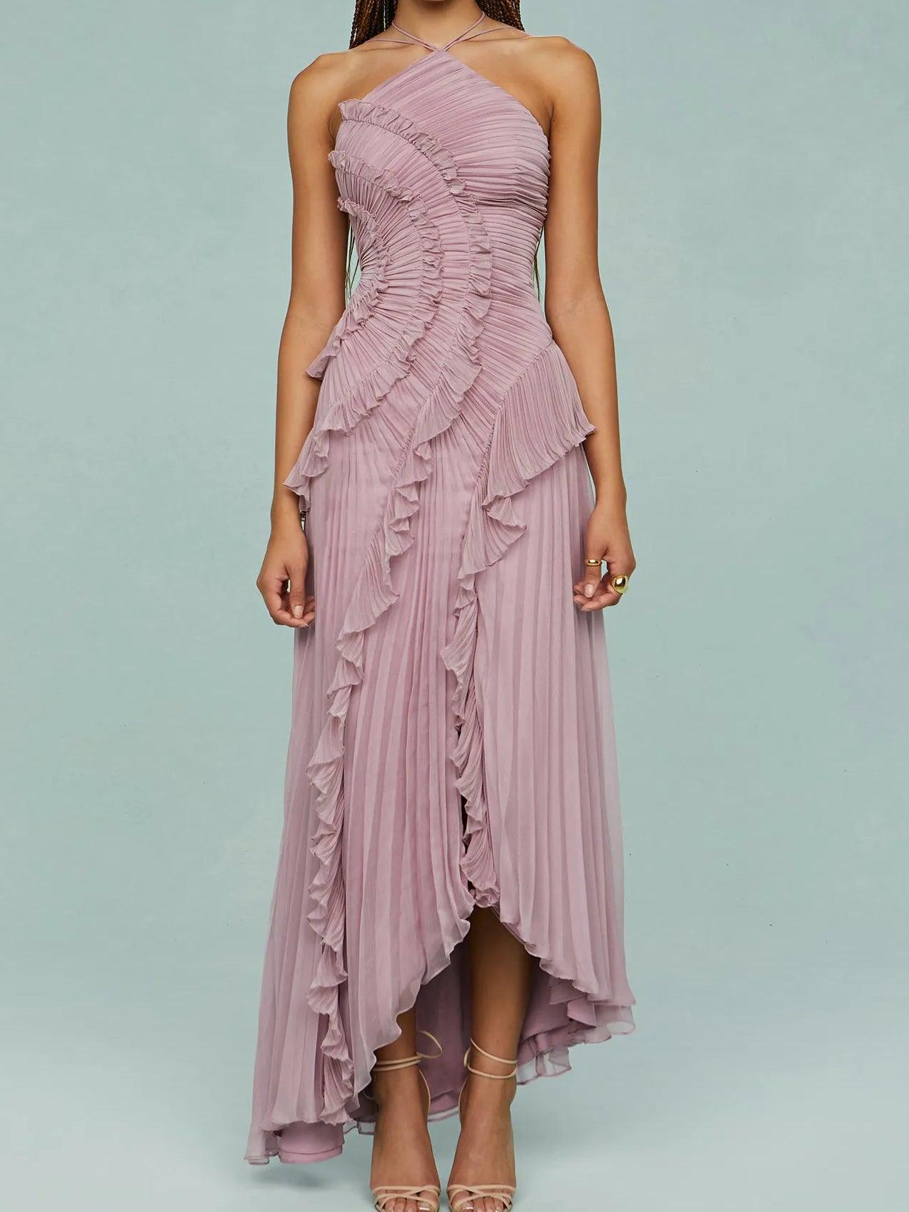 Long pleated dress with straps and elegant slits