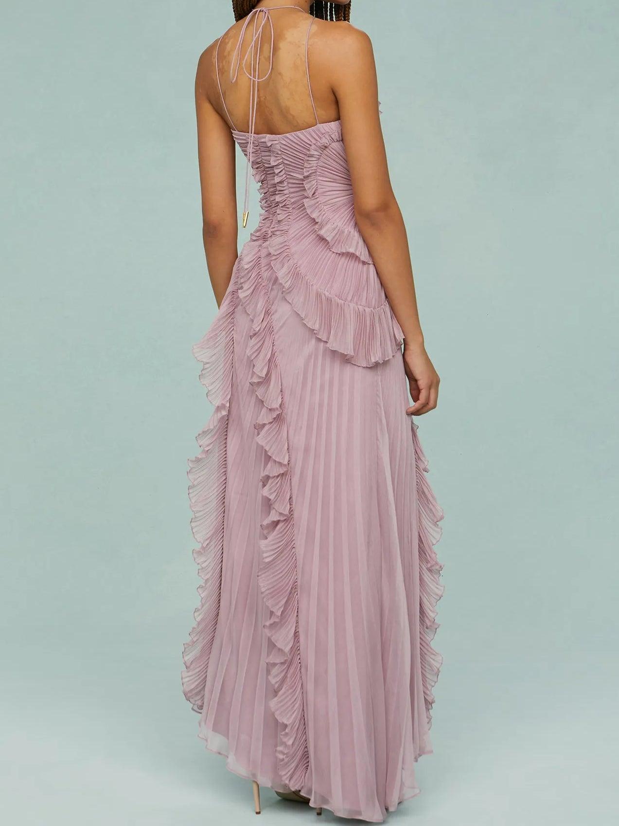Long pleated dress with straps and elegant slits
