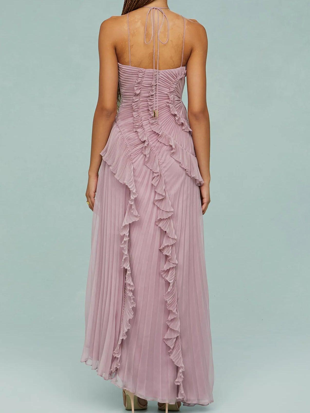 Long pleated dress with straps and elegant slits
