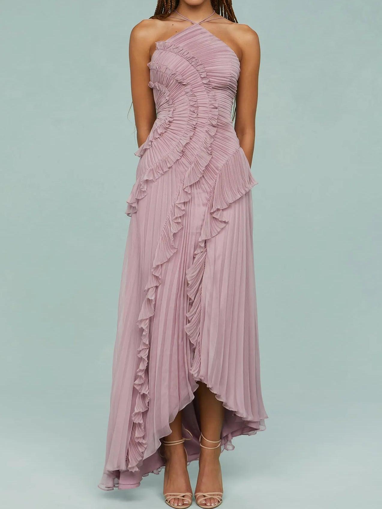 Long pleated dress with straps and elegant slits