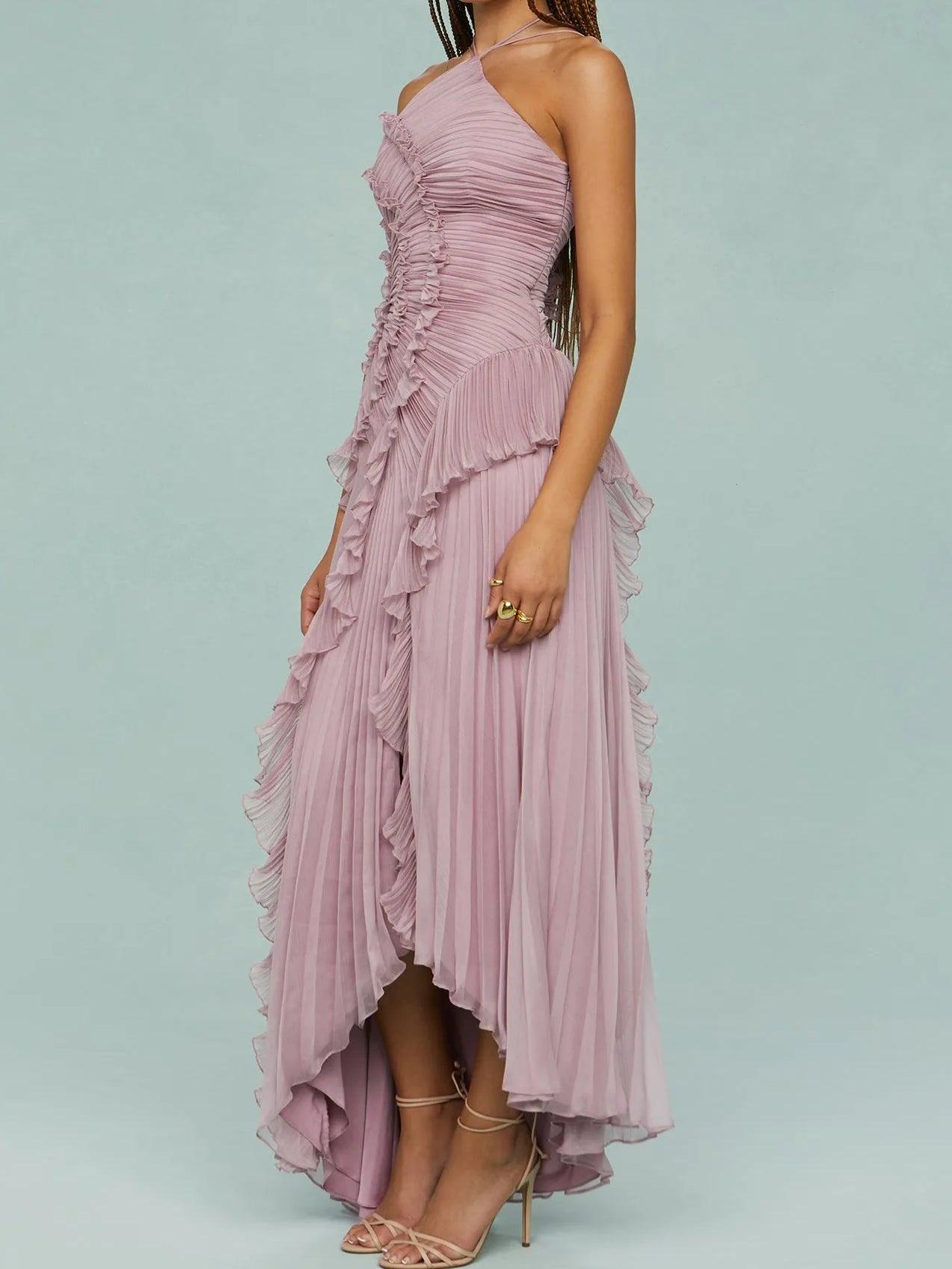 Long pleated dress with straps and elegant slits