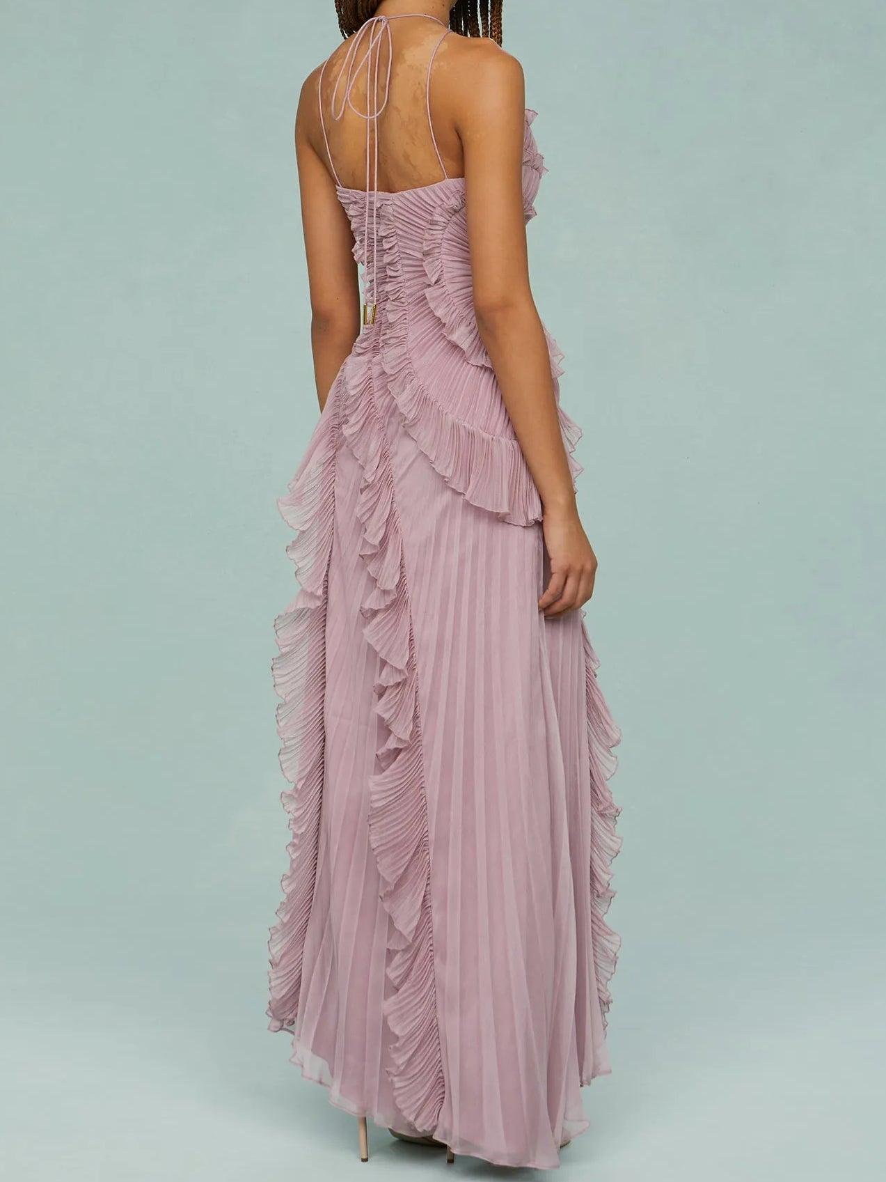 Long pleated dress with straps and elegant slits