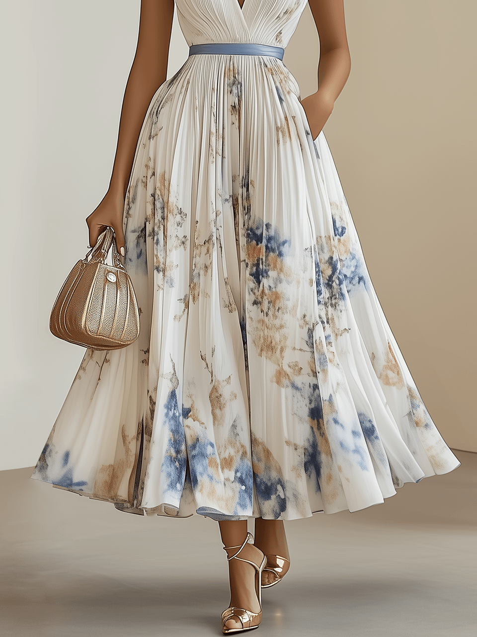 Elegant Summer Long Mid-Thigh Dress V-Neck Sleeveless with Floral Pleats in White Chiffon New
