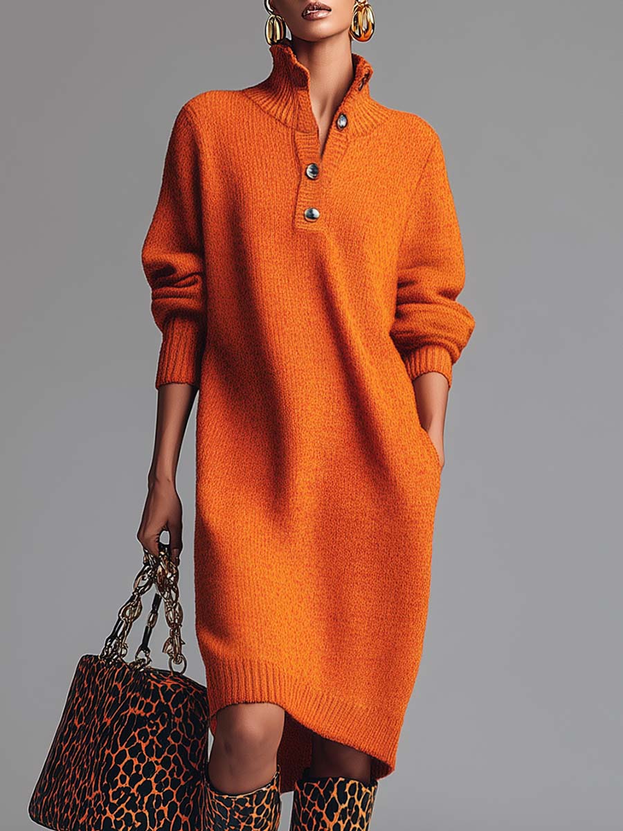 Elegant Orange Cardigan Midi Dress with Buttonholes and Revers