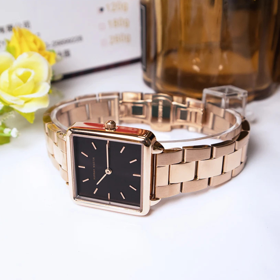 Square Quartz Watch in Stainless Steel with Elegant Rose Gold Case