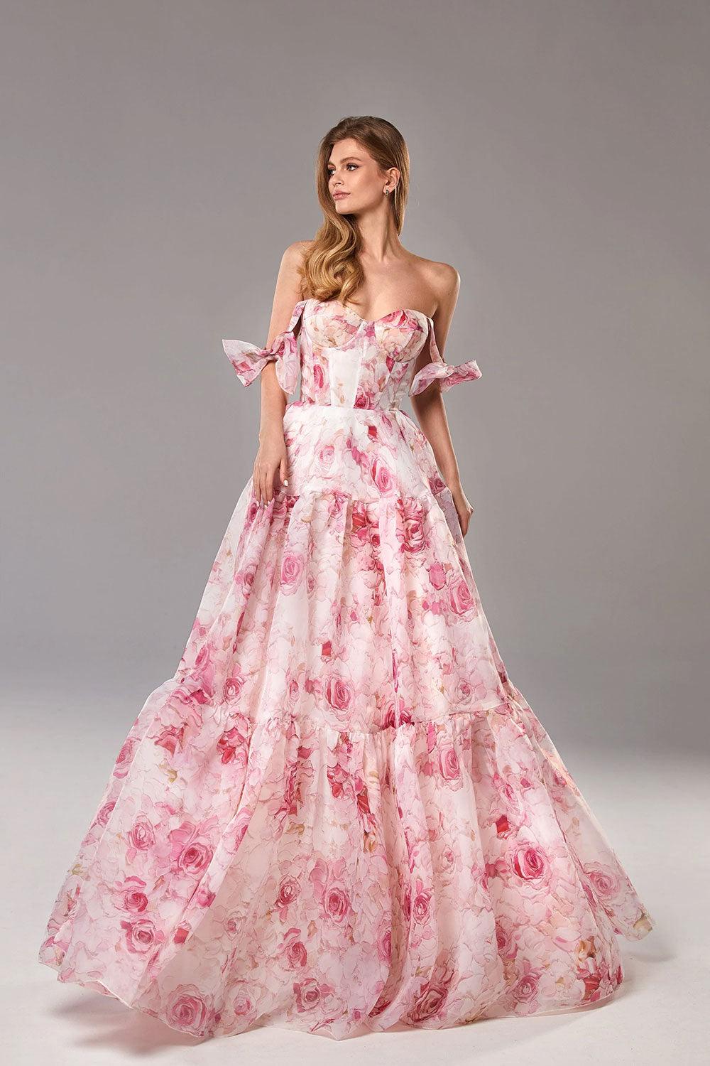 Maxi Organza Dress with Floral Print and Bow Straps