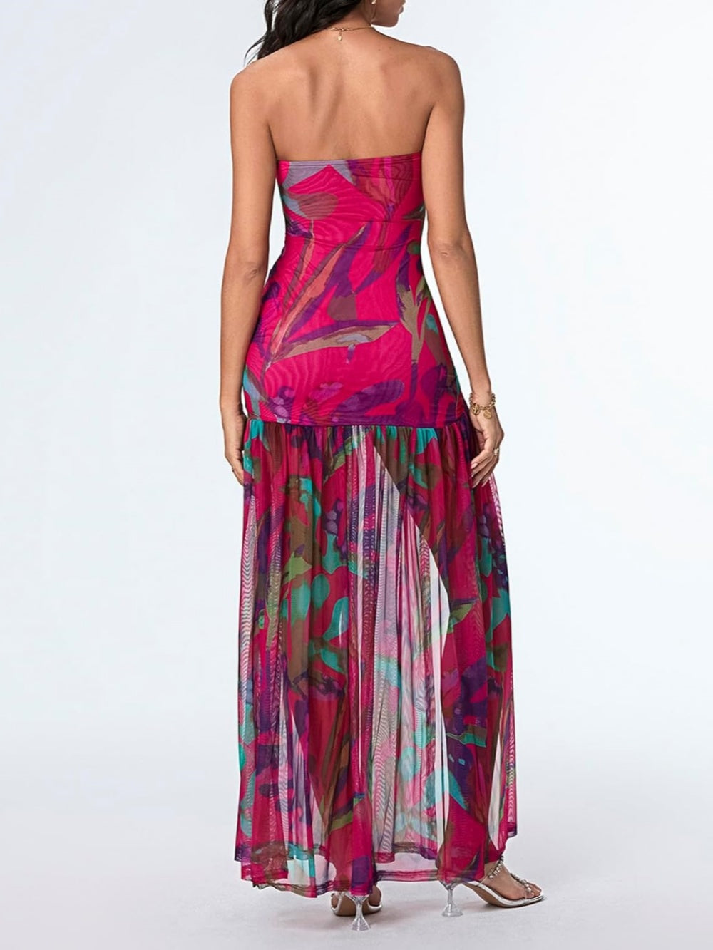 Elegant Printed Strapless Slit Maxi Dress for Special Occasions