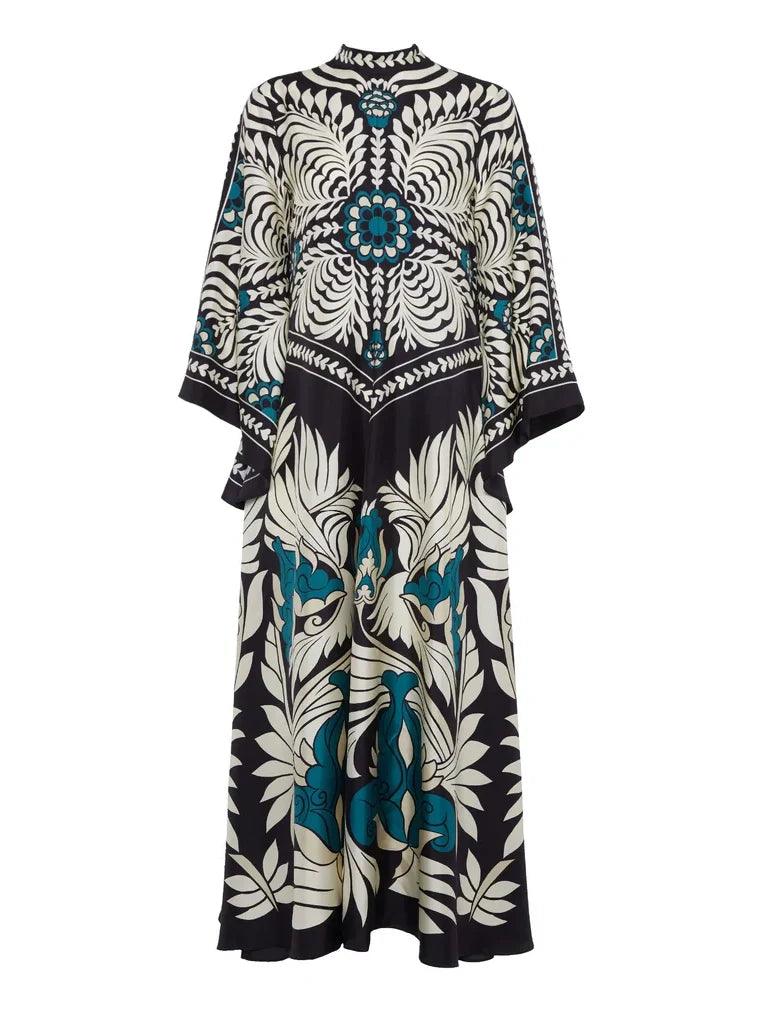 Elegant Maxi Dress with Floral Print and Cascade Sleeves