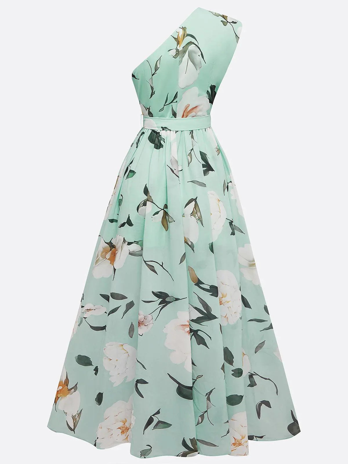 Elegant Light Green Floral One-Shoulder Ruched A-Line Maxi Dress in Chiffon