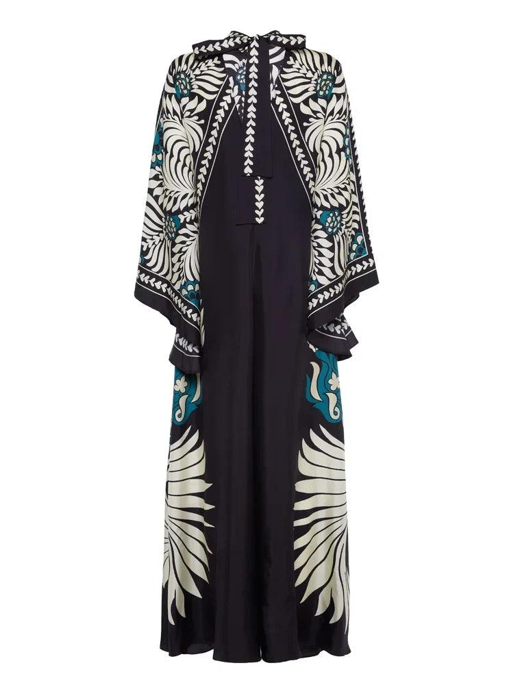 Elegant Maxi Dress with Floral Print and Cascade Sleeves