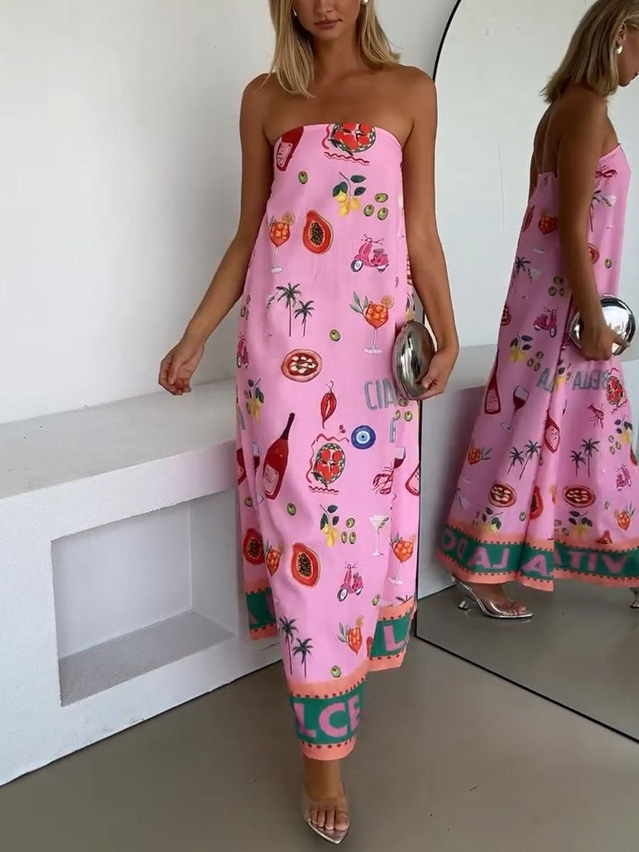 Pink Tube Summer Dress with Elegant Vacation Pattern