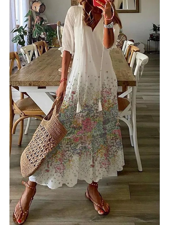 Casual Long V-Neck Printed Dress for a Comfortable and Elegant Style