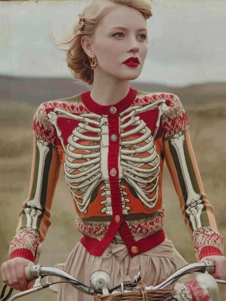 Vintage Halloween Cardigan with Anatomy Pattern – Quirky and Warm Look