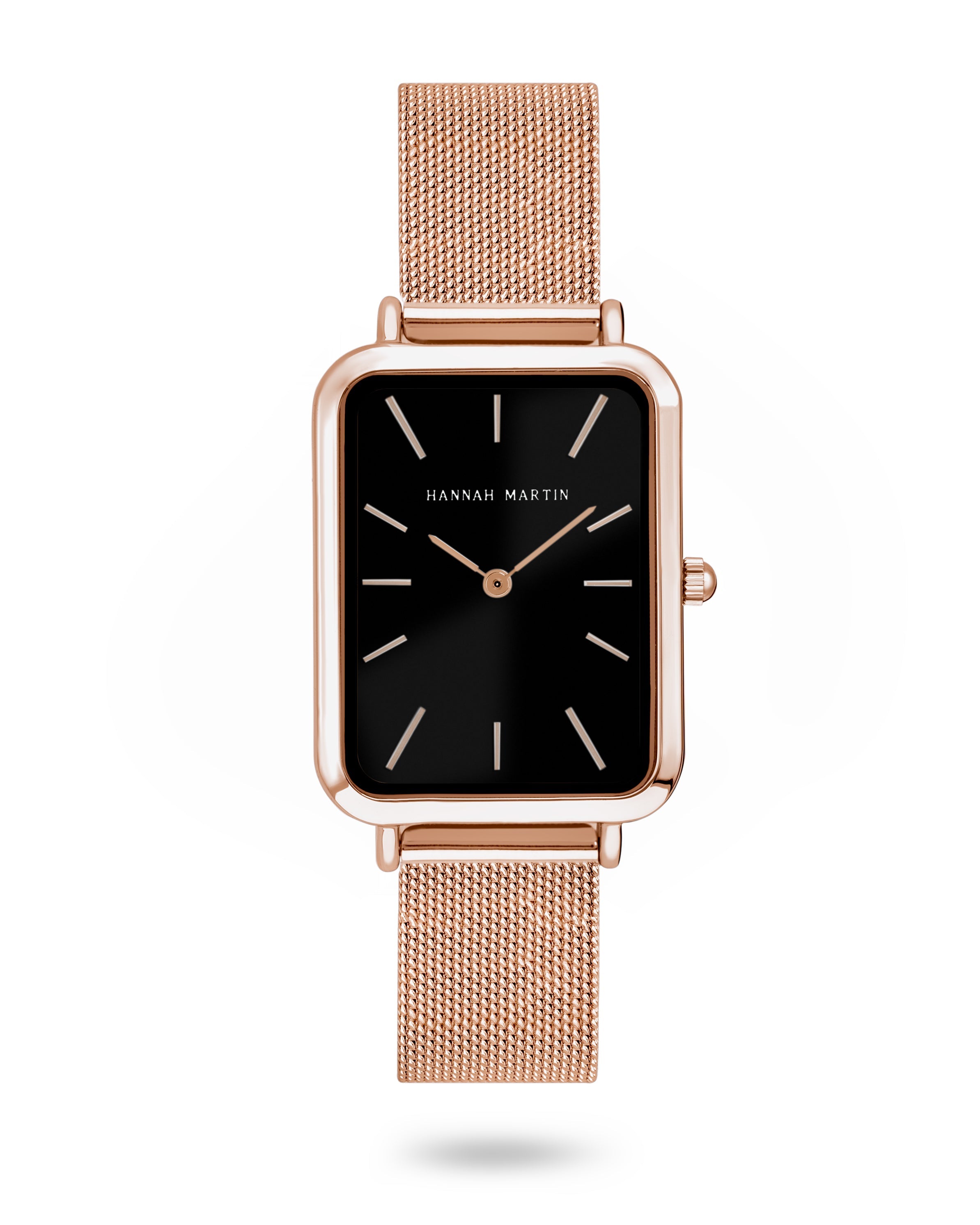 Midnight - Elegant Rectangular Watch with Rose Gold Finish, Stylish Black Dial and Mesh Band