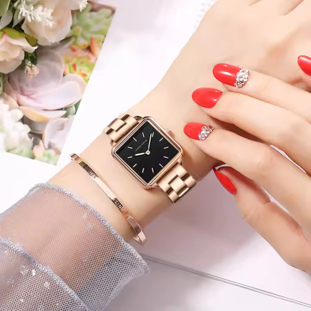 Square Quartz Watch in Stainless Steel with Elegant Rose Gold Case