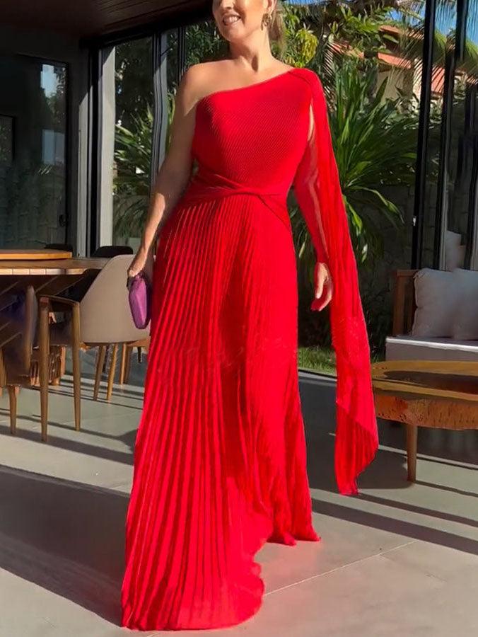 Elegant Maxi Dress with Flowy Pleats and Off-Shoulder Neckline