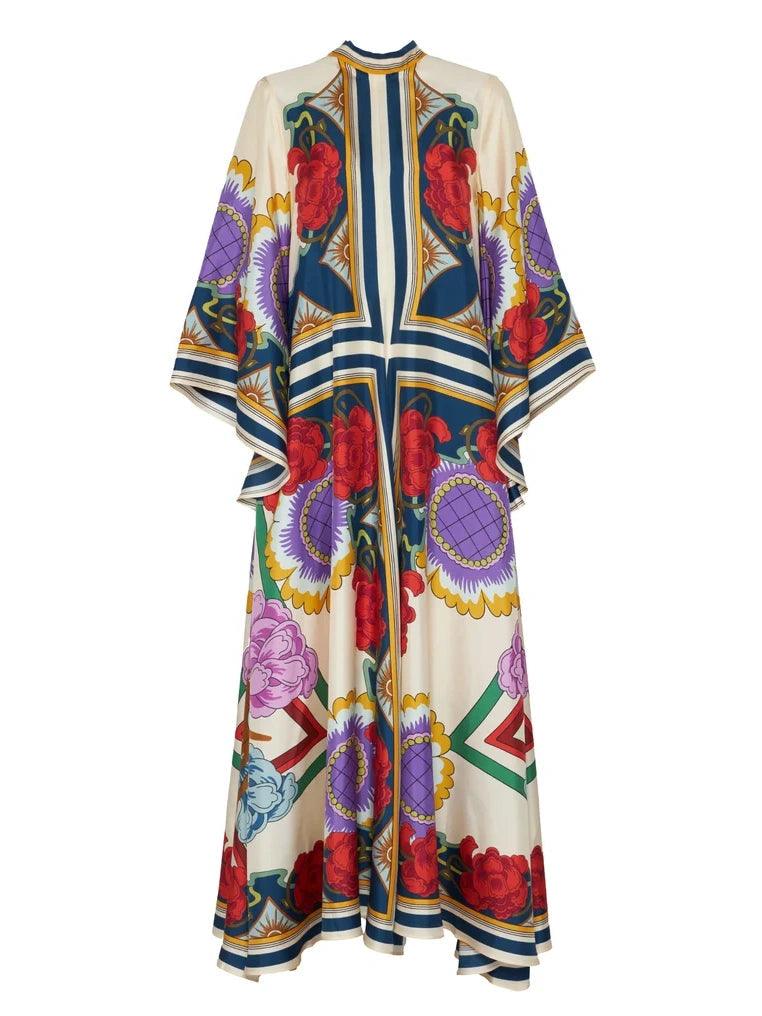Elegant Floral Print Maxi Dress with Draped Waterfall Sleeves